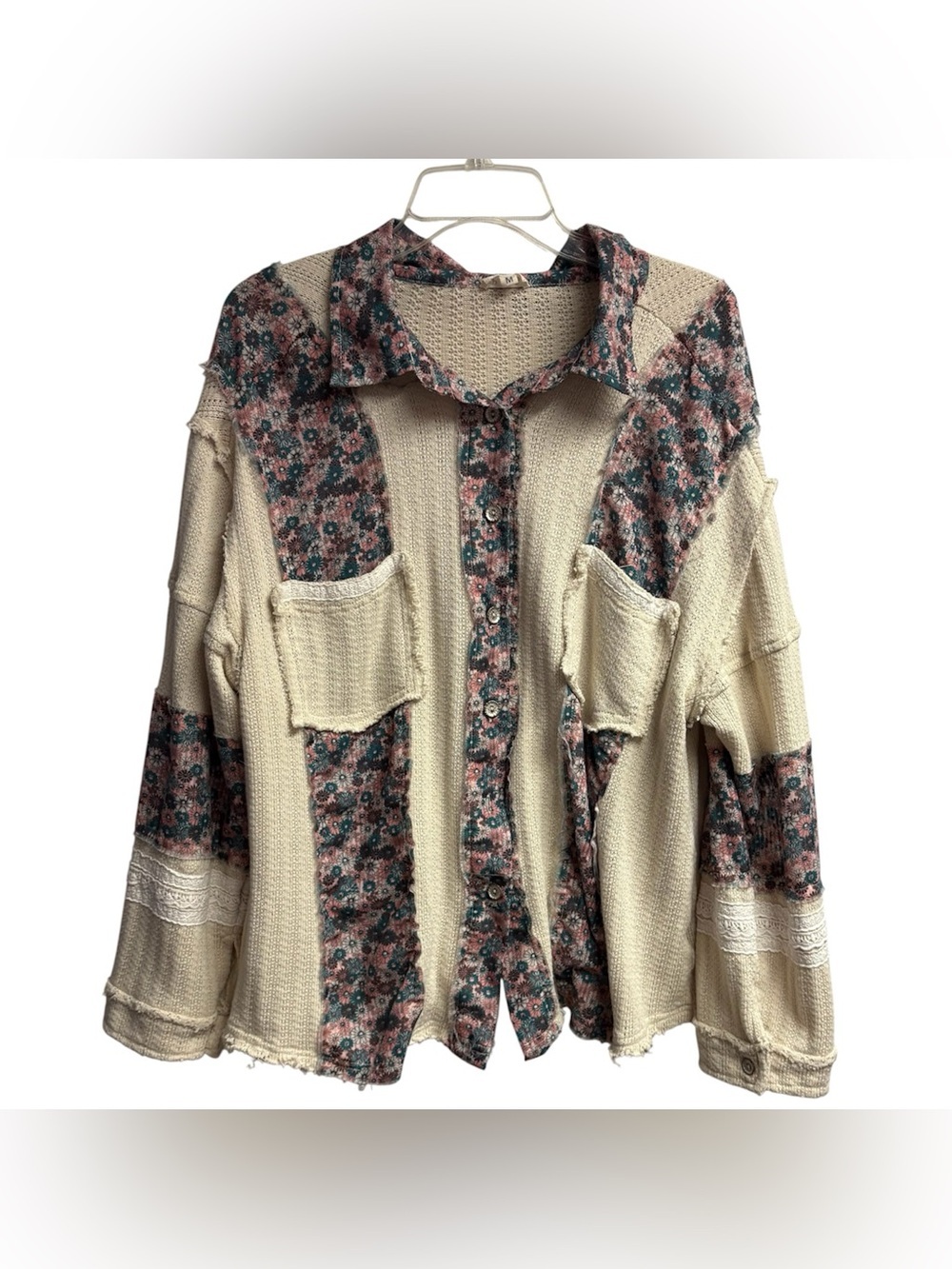 POL Floral Patchwork Cotton Blend Oversized Distressed Shacket Size Medium
